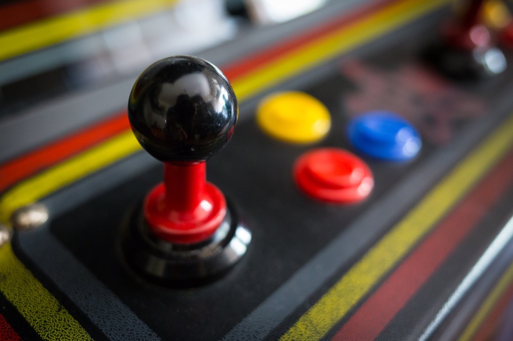 joystick of an arcade game at the rocky mount adventure center