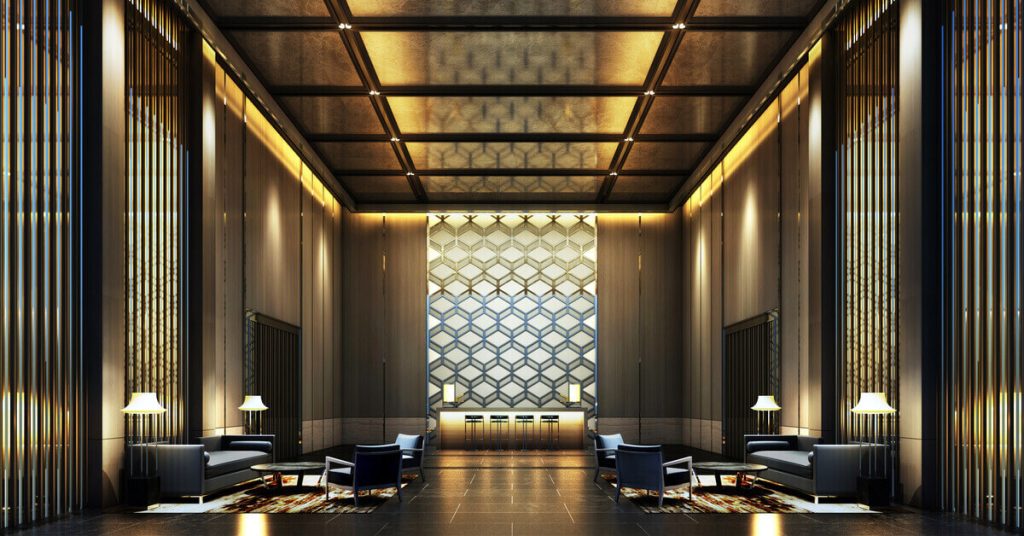 front lobby of a luxurious hotel